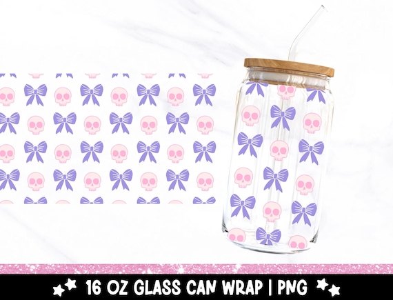 Coquette Girly Skulls 16oz Glass Can Wrap, Spooky Cute Skeleton Bows UV DTF Sublimation Design, Preppy Glass Jar Tumbler Libbey Wrap PNG