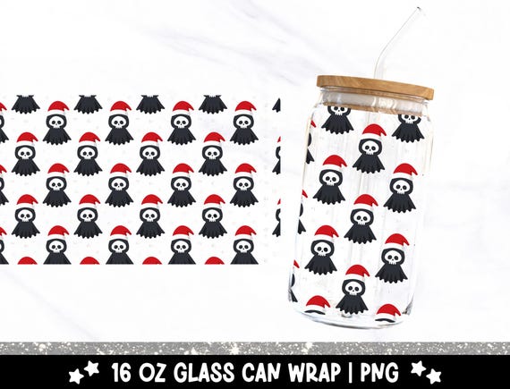 Santa Skulls 16oz Glass Can Wrap, Spooky Christmas Grim Reaper UV DTF Sublimation Design, Festive Holiday Glass Jar Tumbler Libbey Wrap PNG