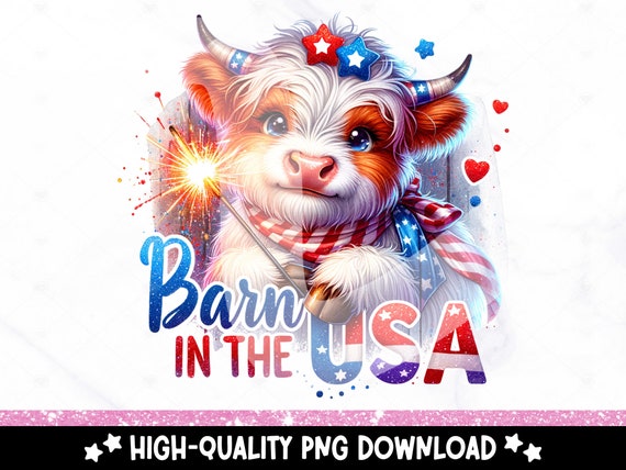 Barn in the USA Clipart, 4th of July Highland Cow PNG, America Sublimation Design, Patriotic DTF Transfer File, Heifer Shirt, Sticker, Mug