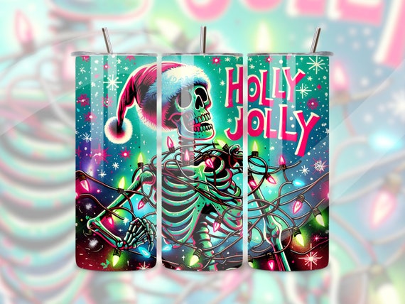 Holly Jolly Tumbler Wrap, Skeleton PNG, Tangled Christmas Lights, Pastel Goth 20oz Tumbler Sublimation Design, Spooky Christmas Tumbler PNG