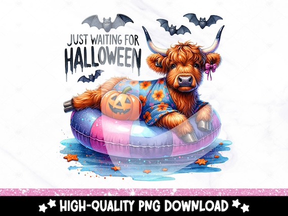 Summer Halloween Highland Cow PNG, Cute Summerween Clipart, Just Waiting for Halloween Sublimation Design, Heifer Cow DTF Tshirt, Tumbler
