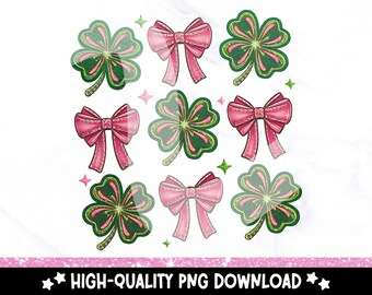 Coquette St Patricks Day Clipart: Glitter Shamrock & Sequin Bows (PNG Digital Download)