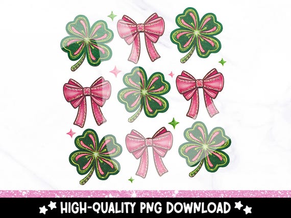 Coquette St Patricks Day PNG, Glitter Shamrock Sequins Clipart, St Pattys Day PNG, Four Leaf Clover Sequin Bows, Sublimation Design File