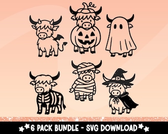 Halloween Highland Kuh SVG Bundle - Süßes Doodle Highland Kühe in Kostümen - Bauernhof Tier Halloween Clipart - PNG SVG für Cricut & Sublimation