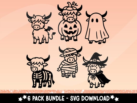 Halloween Highland Cow SVG Bundle – Cute Doodle Highland Cows in Costumes – Farm Animal Halloween Clipart – PNG SVG for Cricut & Sublimation