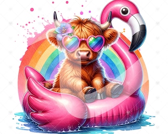 Summer Highland Cow PNG: Flamingo Float Clipart (Digital Download)