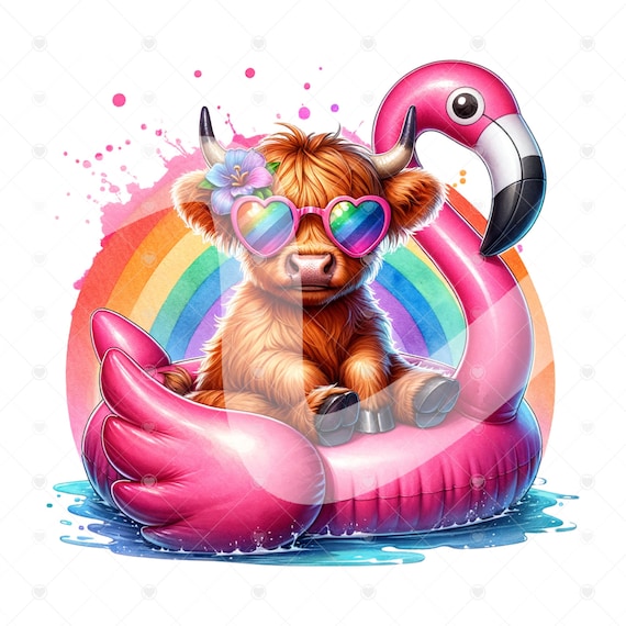 Cute Highland Cow PNG, Summer Highland Cow Clipart, Heifer Cow png, Western Cow png, Tshirt Sublimation Design, Flamingo Png, Western