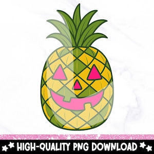 May include: A cartoon illustration of a pineapple with a jack-o'-lantern face. The pineapple is yellow and green with pink eyes and a mouth. The image includes the text "HIGH-QUALITY PNG DOWNLOAD".