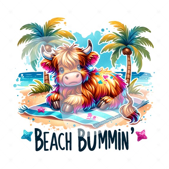 Beach Bumming Highland Cow PNG, Funny Summer Heifer Cow Clipart, Highland Cow Sublimation Design, Summer Vacation DTF File, Beach Bum Shirt