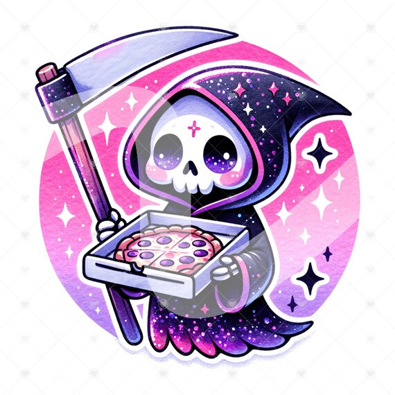 Cute Grim Reaper PNG, Spooky Clipart, Pizza Lover Png, Spooky Sublimation Design, Pastel Goth Digital Download, Printable, Sticker, Tshirt