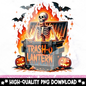 May include: A skeleton sits in a flaming trash can with the text "Trash-O-Lantern" on the side. Two jack-o'-lanterns are on either side of the trash can. Bats fly around the trash can.