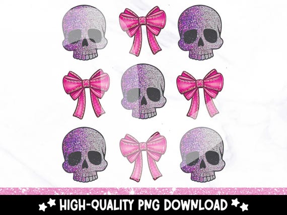 Coquette Skulls PNG, Glitter Skull Sequins Clipart, Trendy Pastel Goth Sequin Bows PNG, Sublimation Design File, Spooky T Shirt PNG File