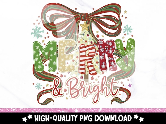Preppy Merry and Bright PNG: Coquette Merry Christmas Clipart (Digital Download)