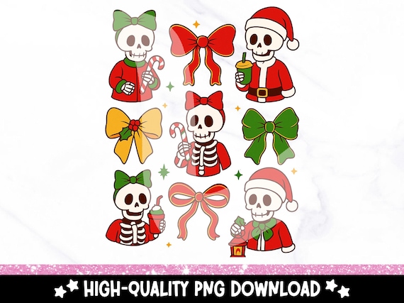 Spooky Coquette Christmas PNG, Cute Holiday Skeleton Clipart, Preppy Skeleton Sublimation Download, Retro Girly Design, Creepy Xmas PNG