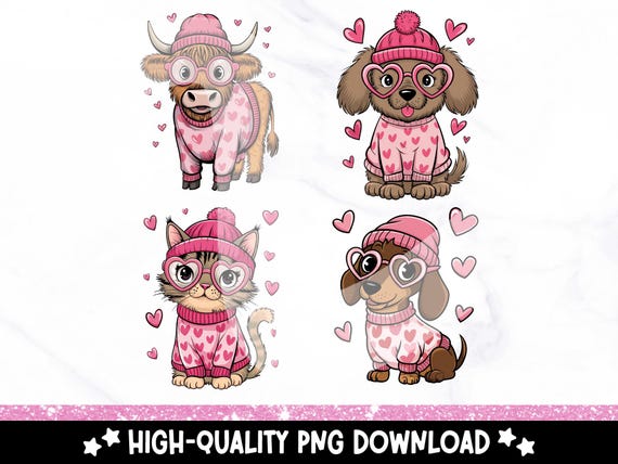 Valentine Animal PNG Bundle, Cute Dachshund Dog, Doodle Dog Clipart, Valentine's Day Highland Cow PNG, Pink Cat Love Sublimation Design