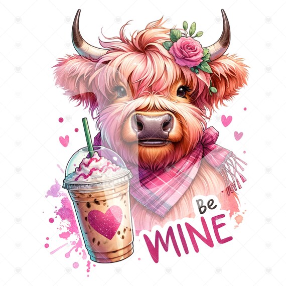 Pink Valentines Cute Highland Cow Clipart, Iced Coffee Png, Shirt Sublimation Design, Digital Download, PNG Instant, Jar Png, Tshirt Design