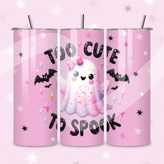 Pink Ghost Tumbler Wrap, Too Cute To Spook PNG, Funny Halloween Skinny 20 oz Tumbler Sublimation Design, Spooky Girly Coquette Seamless Wrap
