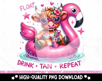 Funny Highland Cow Summer Clipart: Pool Float PNG (Digital Download)