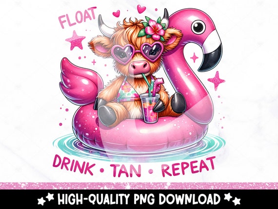 Funny Summer Highland Cow Clipart, Float Drink Tan Repeat PNG, Sassy Tshirt Sublimation Design, Pool Float, Summer Vacation Uv DTF File