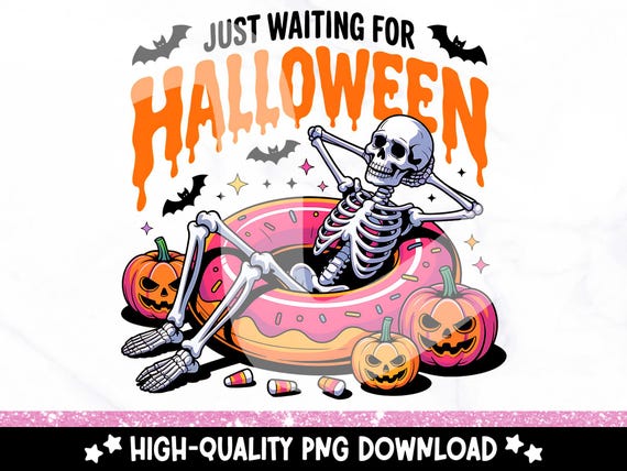 Just Waiting for Halloween PNG, Cute Summerween Clipart, Spooky Summer Halloween Sublimation Design, Skeleton DTF Shirt Design, Tumbler Wrap
