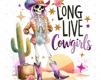 Retro Cowgirl Skeleton PNG: Western Sublimation Design (Digital Download)