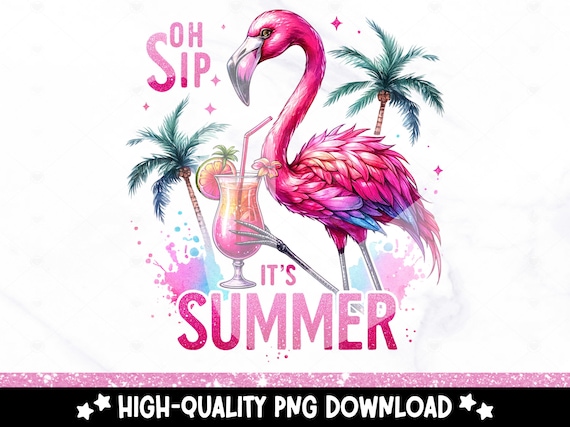 Funny Flamingo Clipart, Oh Sip It's Summer PNG, Summer Shirt Sublimation Design, Trendy Retro Summer Png, Tropical UV DTF Transfer, Tumbler