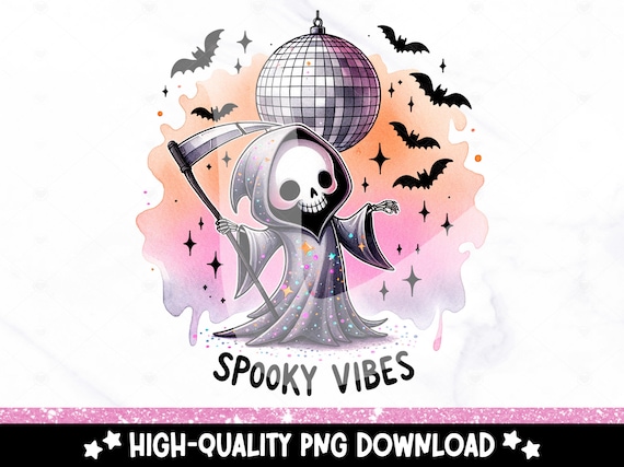 Spooky Vibes PNG, Retro Grim Reaper Clipart, Groovy Halloween Sublimation Design, Funny Disco Skeleton DTF File, Trendy Shirt, Tumbler, Mug