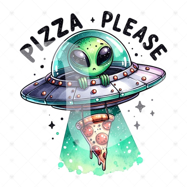 Cute Alien UFO PNG, Alien Pizza Abduction Clipart, Funny Clipart, Trippy Alien Clipart, Alien Shirt Design, Outer Space Glass Jar File