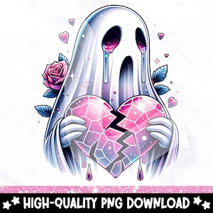 May include: A cartoon ghost with a white sheet, holding a broken pink heart. The ghost has black eye holes and tears of pink liquid. A pink rose and hearts surround the ghost. The text "HIGH-QUALITY PNG DOWNLOAD" is at the bottom.