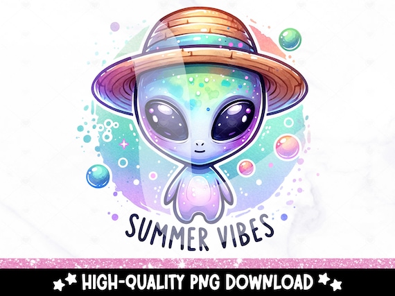 Summer Vibes PNG, Cute Summer Alien Clipart, Whimsical Unhinged PNG, Retro Space Alien Sublimation Design, Vacation DTF File, Trendy Shirt