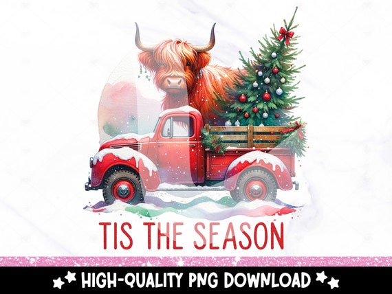 Tis The Season PNG, Vintage Red Christmas Tree Truck Clipart, Highland Cow Sublimation Design, Heifer Cow Christmas Uv DTF Transfer, Mug