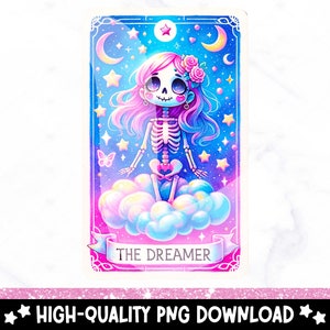 Carta de tarô engraçada The Dreamer PNG, design de sublimação de esqueleto fofo, arquivo DTF de esqueleto celestial na moda bruxa, camiseta de caveira, caneca, download
