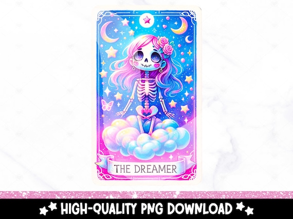 The Dreamer Funny Tarot Card PNG, Cute Skeleton Sublimation Design, Witchy Trendy Celestial Skeleton DTF File, Skull TShirt, Mug, Download