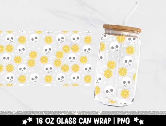 Skulls and Lemons 16oz Glass Can Wrap, Spooky Girly Skeleton UV DTF Sublimation Design, Trendy Glass Jar Template Tumbler Libbey Wrap PNG