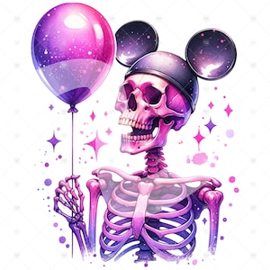 May include: A pink and purple skeleton with a pink and purple balloon and Mickey Mouse ears. The skeleton is smiling and holding the balloon. The background is white with pink and purple stars.
