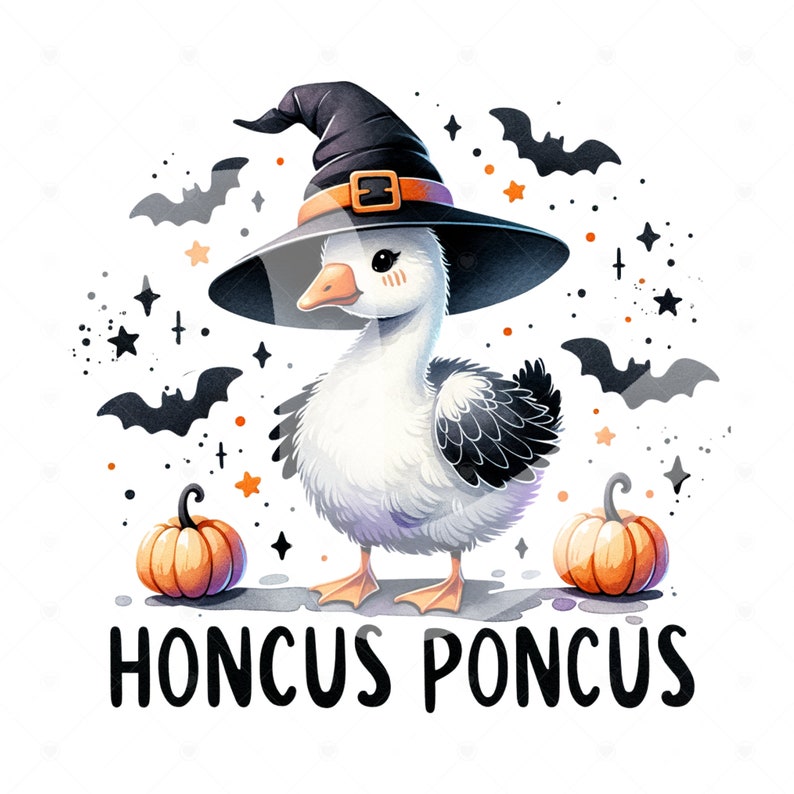 May include: A white goose wearing a black witch hat with an orange pumpkin on each side. The goose is surrounded by black bats and stars. The text "HOCUS POCUS" is written below the goose.