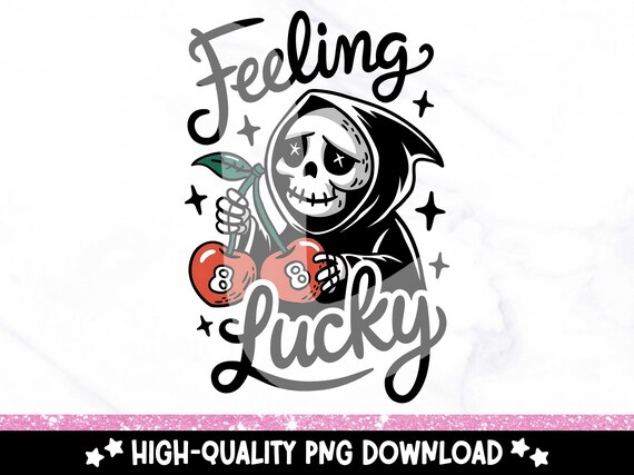 Feeling Lucky Skeleton PNG, Retro Spooky Cherry Clipart, Grim Reaper Sublimation Design, Lucky Cherries PNG, Valentines DTF Transfer File