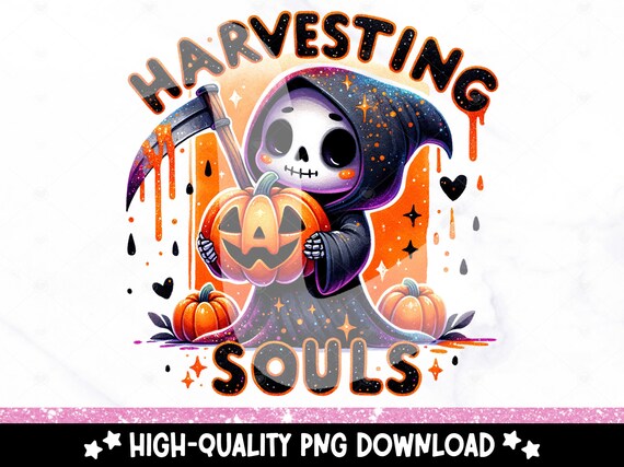 Spooky Grim Reaper PNG, Harvesting Souls Skeleton Clipart, Halloween Tshirt Sublimation Design, Trendy Fall Uv DTF Transfer File, Tumbler