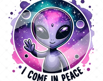 Cute Alien UFO PNG, I Come in Peace Hippie Clipart, Funny Clipart, Trippy Alien Clipart, Alien Shirt Design, Outer Space Glass Jar File