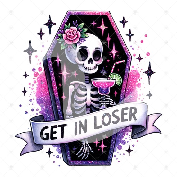 Get in Loser Clipart, Cute Snarky Skeleton PNG, Spooky Skeleton Sublimation Design, Pastel Goth Digital Download, Printable, Sticker, Tshirt