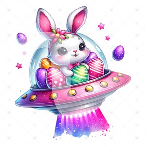 Puede incluir: Un conejito blanco con orejas rosas y una diadema de flores está volando en una nave espacial rosa. La nave espacial está llena de huevos de Pascua coloridos y deja un rastro de humo rosa y morado.