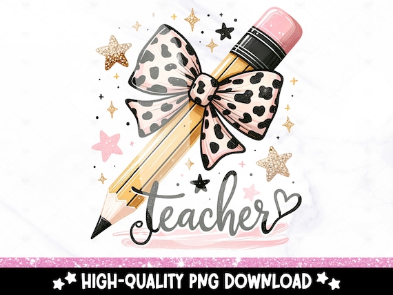 Teacher Coquette Pencil PNG, Back to School Shirt PNG, Leopard Bow Teacher Clipart, Retro Teacher Sublimation, Teacher Appreciation DTF