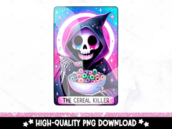 Cereal Killer Funny Tarot Card PNG, Sarcastic Skeleton Sublimation Design, Grime Reaper True Crime Lover Trendy TShirt, DTF File Download