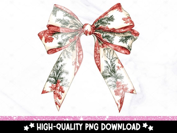 Christmas Toile Coquette Bow PNG, Pretty Red Ribbon Clipart, Trendy Toile De Jouy Sublimation Design, Toile DTF Transfer, Girly Aesthetic