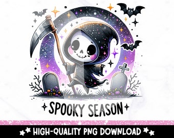 Spooky Season PNG, Cute Halloween Clipart, Spooky Skeleton Sublimation Design, Grim Reaper DTF Shirt Design, Tumbler Wrap, Sticker, Mug, Jar