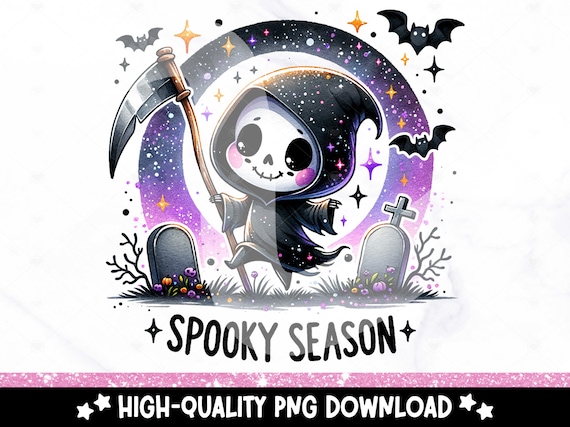 Spooky Season PNG, Cute Halloween Clipart, Spooky Skeleton Sublimation Design, Grim Reaper DTF Shirt Design, Tumbler Wrap, Sticker, Mug, Jar