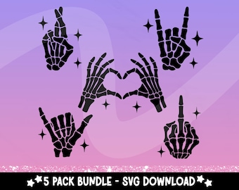 Skeleton Hand SVG Bundle – Gothic Hand Gestures – Rock On, Surfs Up, Heart Hands, Middle Finger – Halloween Clipart for Cricut Silhouette