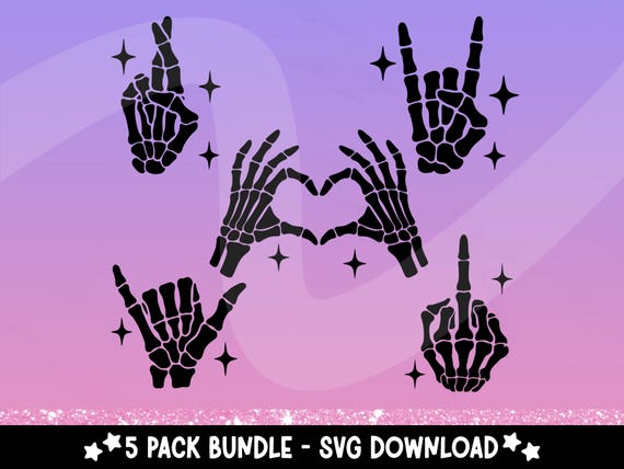 Skeleton Hand SVG Bundle – Gothic Hand Gestures – Rock On, Surfs Up, Heart Hands, Middle Finger – Halloween Clipart for Cricut Silhouette