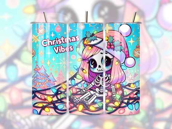 Christmas Vibes Tumbler Wrap, Cute Skeleton PNG, Pastel Goth 20oz Tumbler Sublimation Design, Spooky Christmas Tumbler PNG File, Coffee Cup