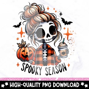 May include: A cartoon illustration of a skeleton girl with a messy bun, wearing a plaid shirt, holding a pumpkin and a cup of coffee. The text "Spooky Season" is written below the girl.